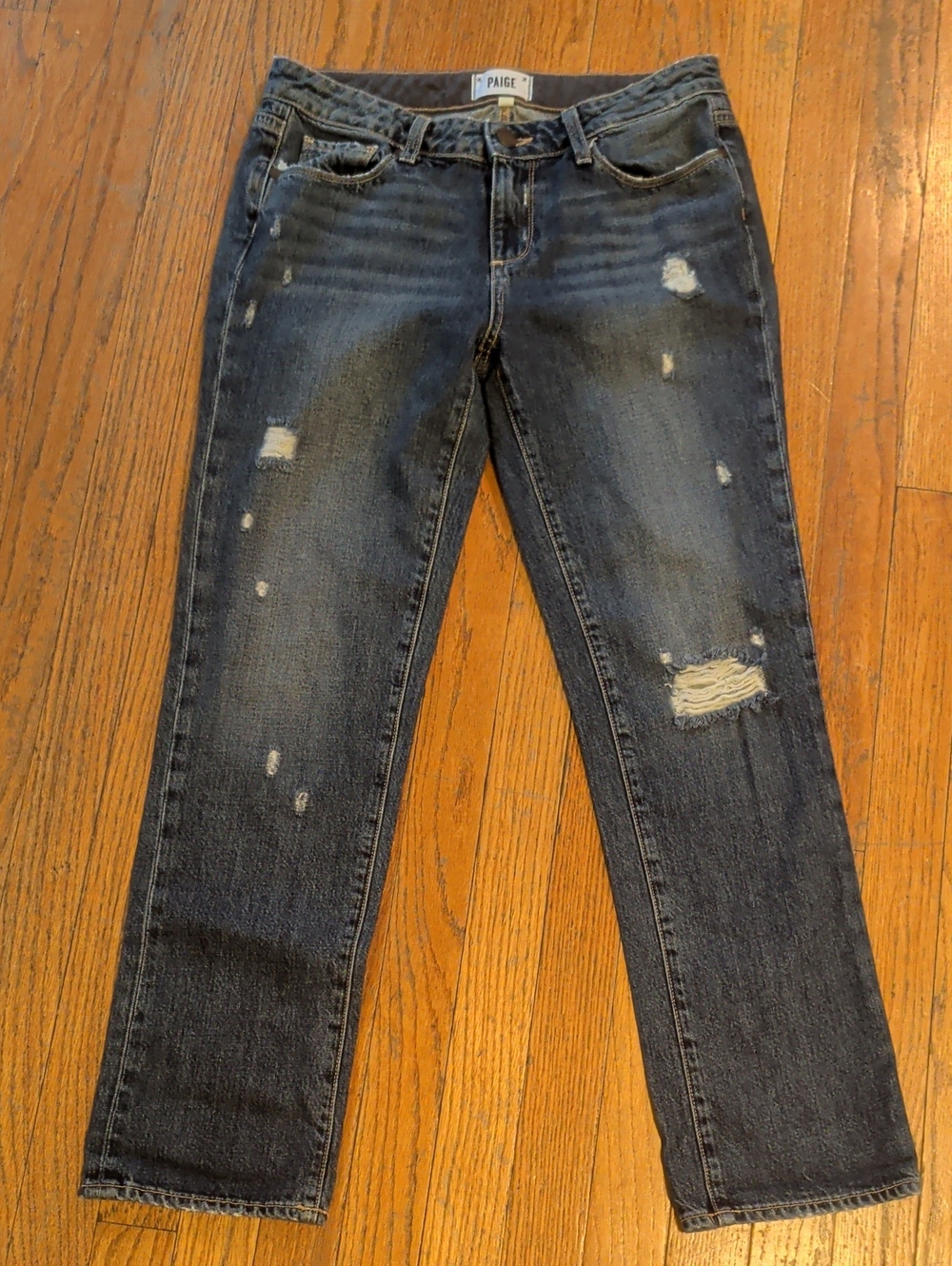 PAIGE Women's Dark Blue Distressed Straight Leg Jeans